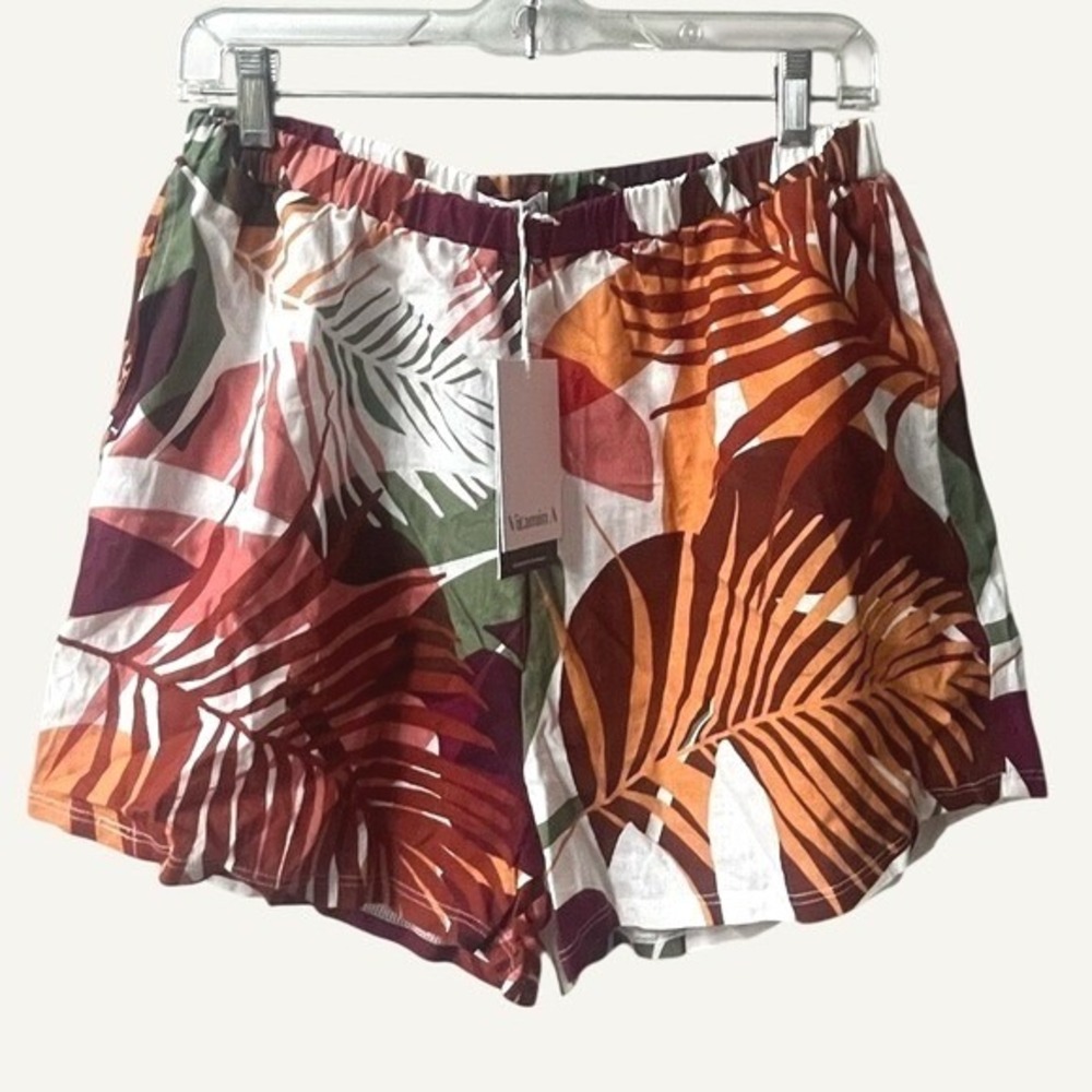 Vitamin A Tropical Palm Print High Waist Linen Blend Cover Up Shorts Medium NWT